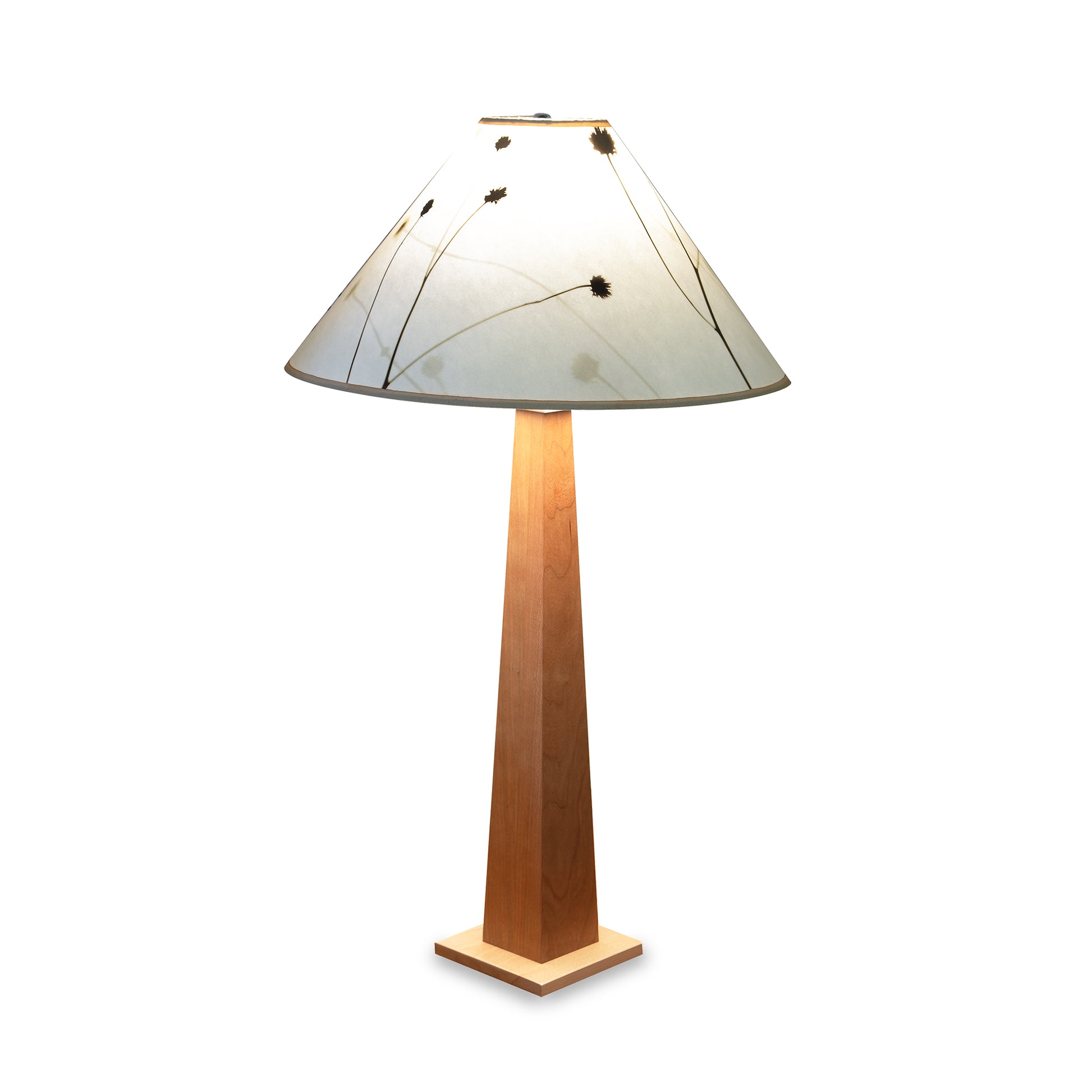 Winter Hill Table Lamp by Rock River Studio with a handcrafted wooden base and white floral shade, showcasing fine American-made craftsmanship.