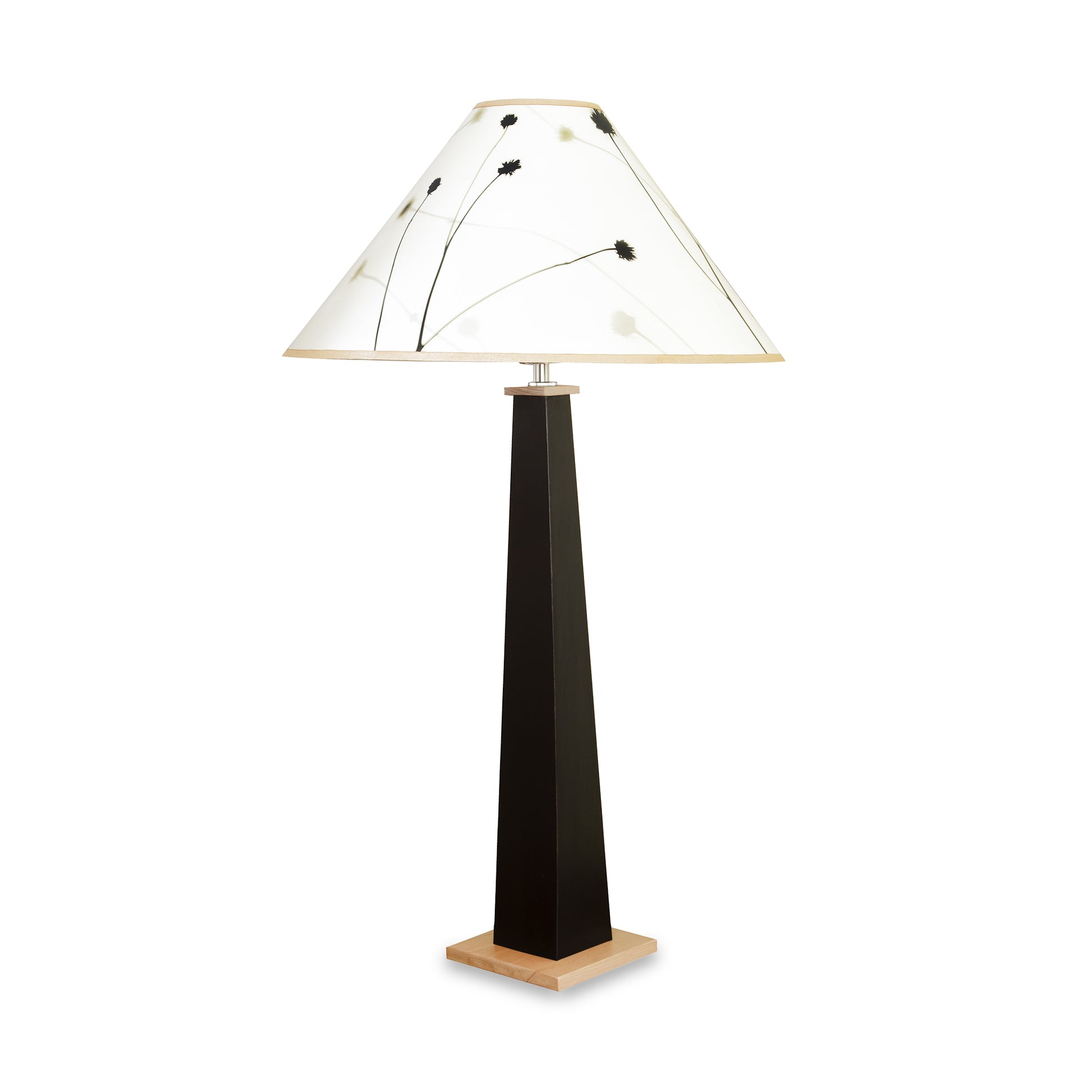 Winter Hill Table Lamp by Rock River Studio with a black base and white shade featuring a minimalist black floral pattern, showcasing handcrafted American-made design.