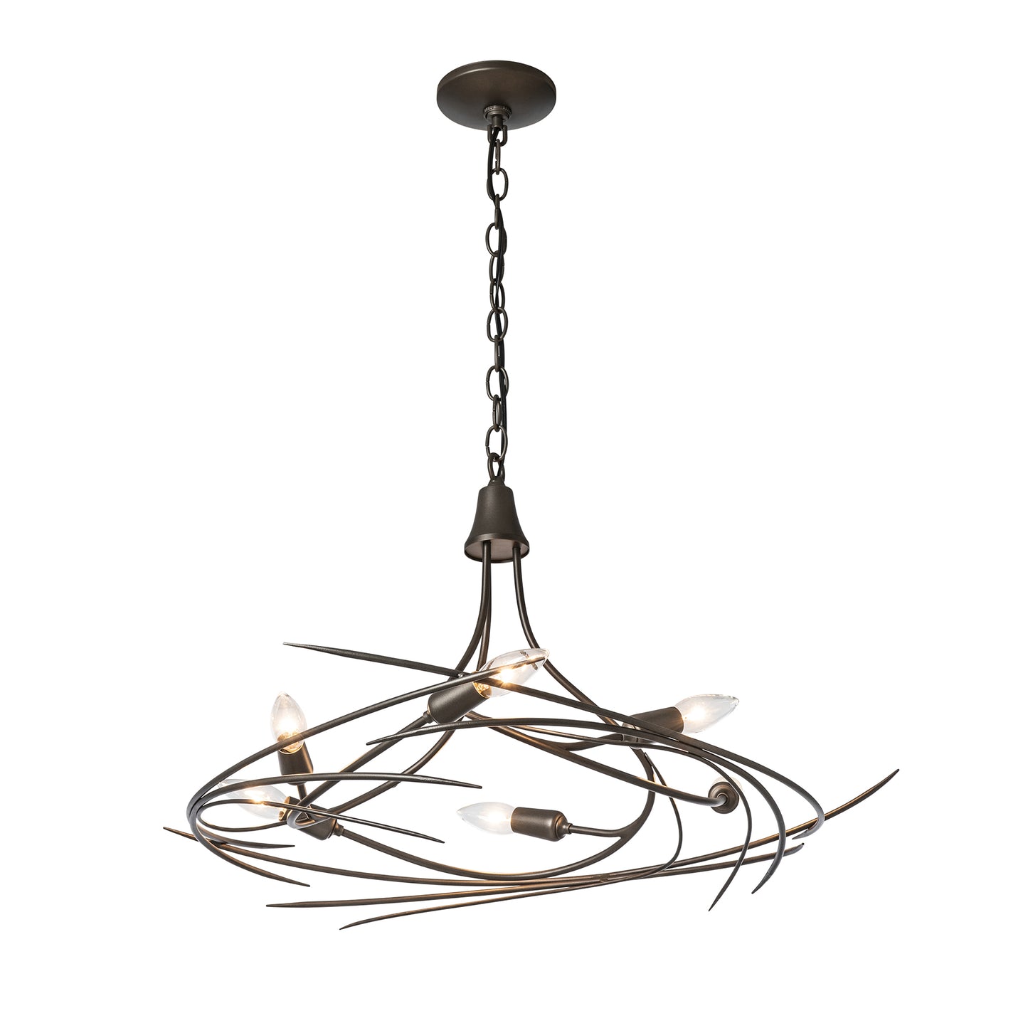 The Hubbardton Forge Wisp 6-Light Chandelier is an elegant silhouette made of metal with a black finish.