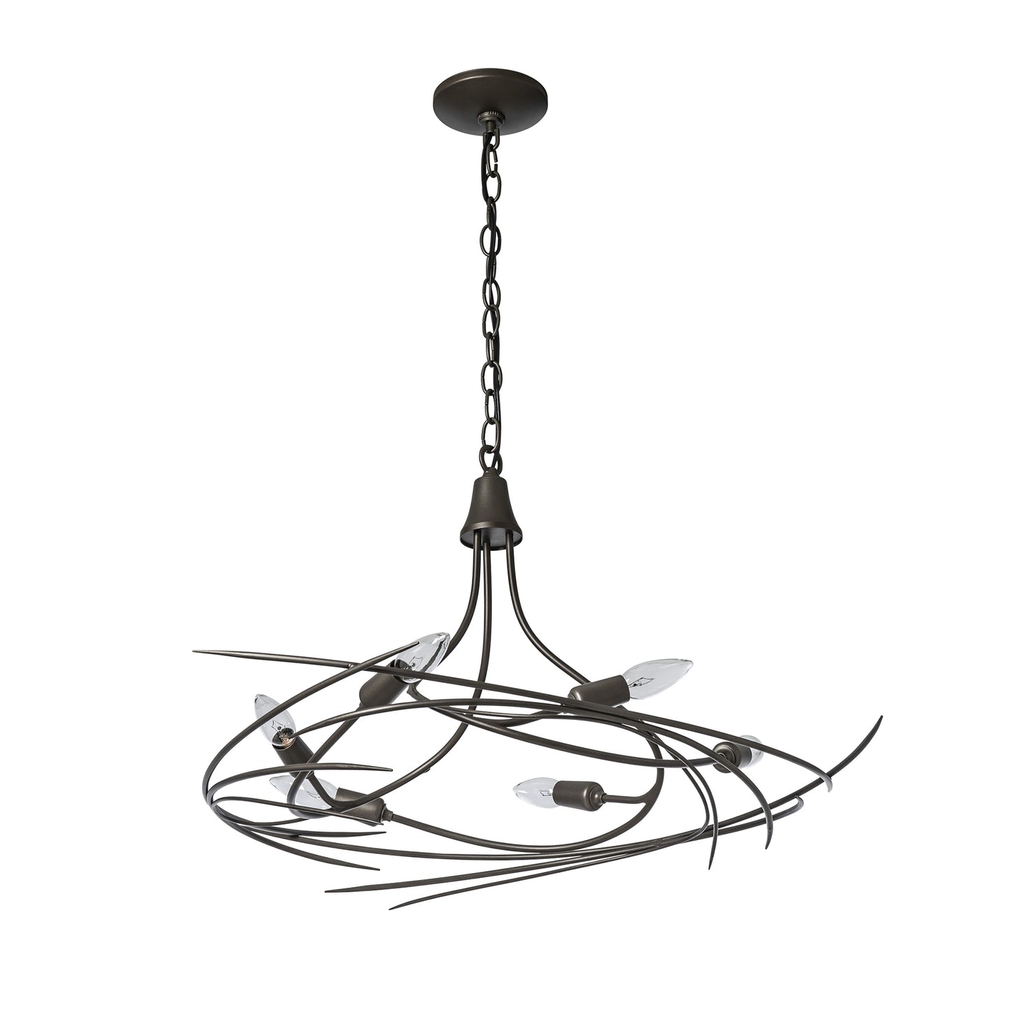 The Hubbardton Forge Wisp 6-Light Chandelier showcases an elegant silhouette with a metal frame and a glass shade, embodying fine tailoring.