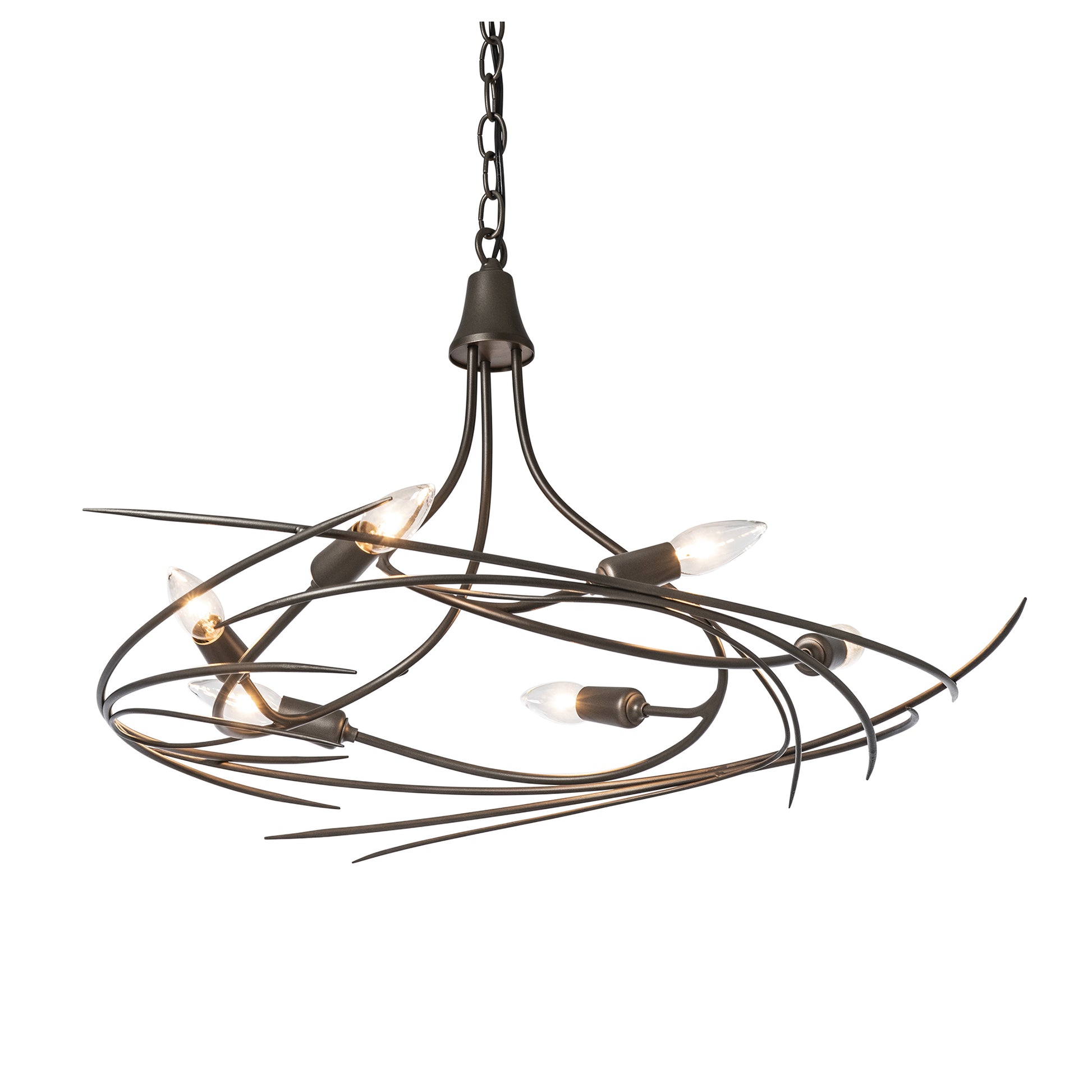 The Hubbardton Forge Wisp 6-Light Chandelier is a metal masterpiece with a swirl pattern, truly embodying elegant silhouette.