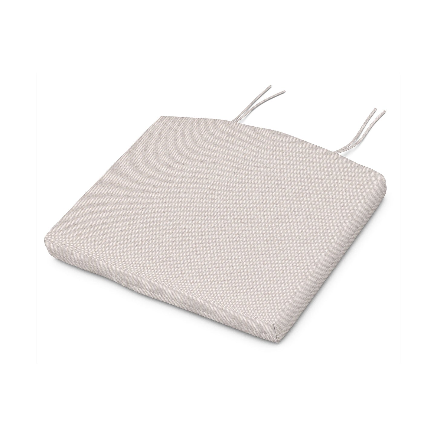 A square, light beige POLYWOOD® XPWS0003 seat cushion with two attached ties for securing it to a chair, displayed on a white background.