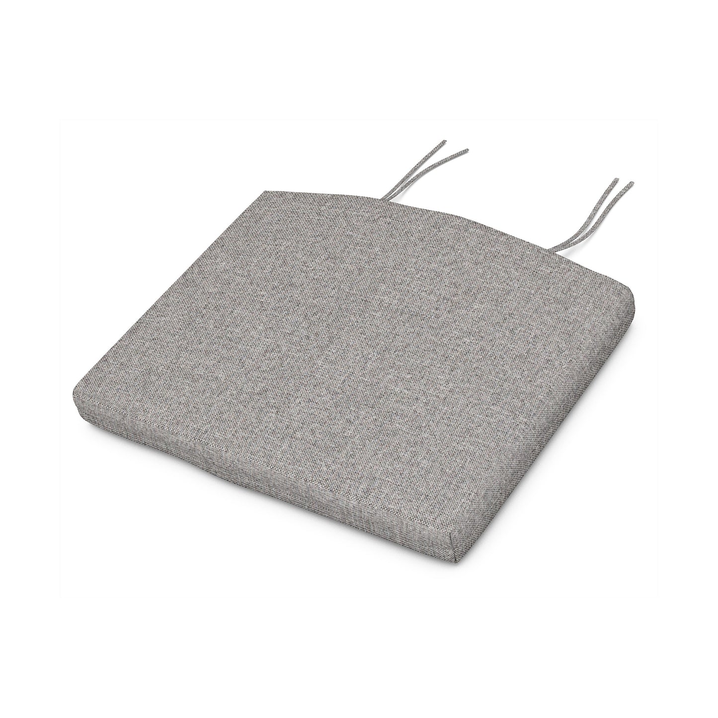 A square, gray POLYWOOD® XPWS0003 Seat Cushion with two tie straps on a white background.
