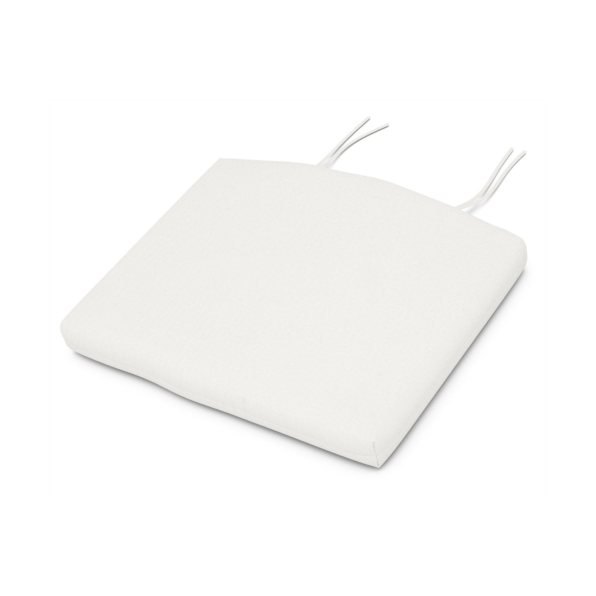 A plain, white square POLYWOOD® XPWS0003 - Seat Cushion with two tie straps at the back, positioned on a clean white background.