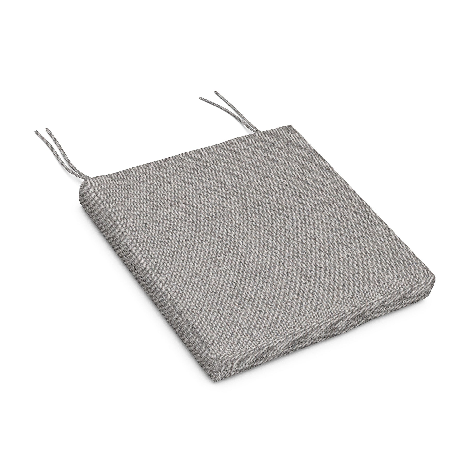 Gray POLYWOOD XPWS0007 seat cushion, featuring weather-resistant material and dual fabric ties on each side for enhanced comfort.