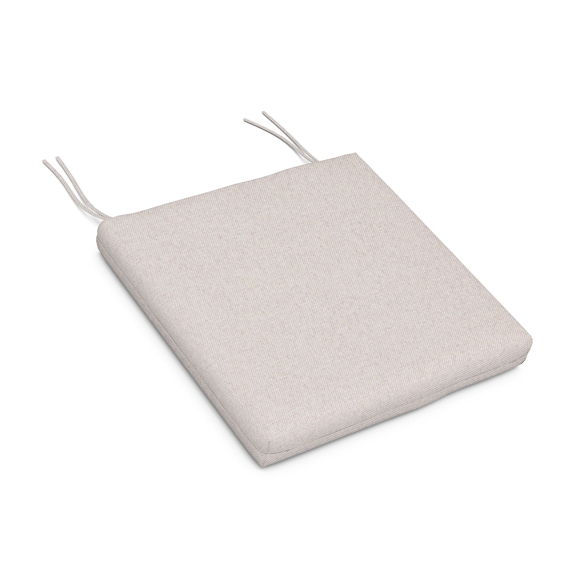 Square beige Adirondack chair cushion with weather-resistant fabric and corner ties.