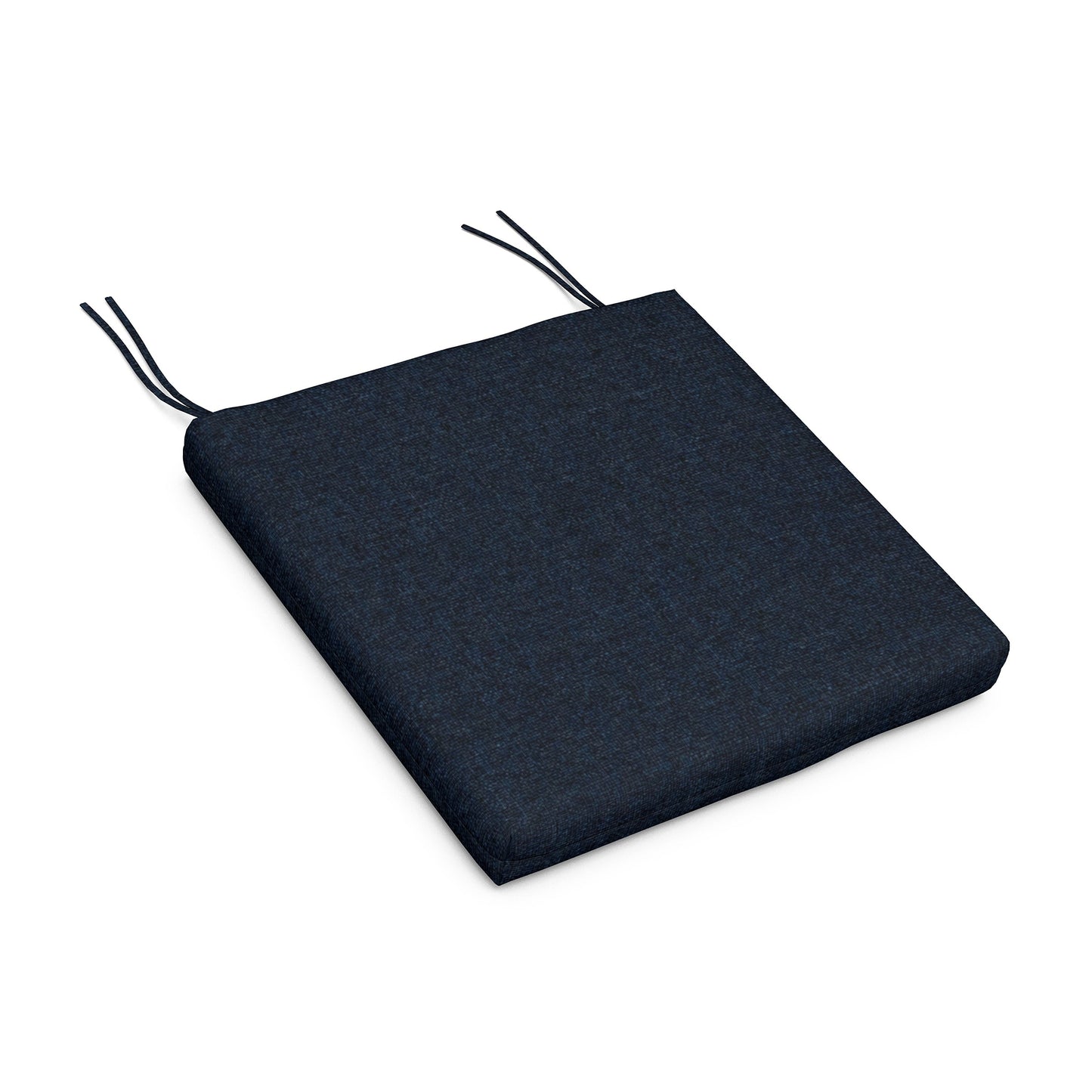 Dark blue square seat cushion with ties, featuring durable, weather-resistant upholstery for lasting comfort.