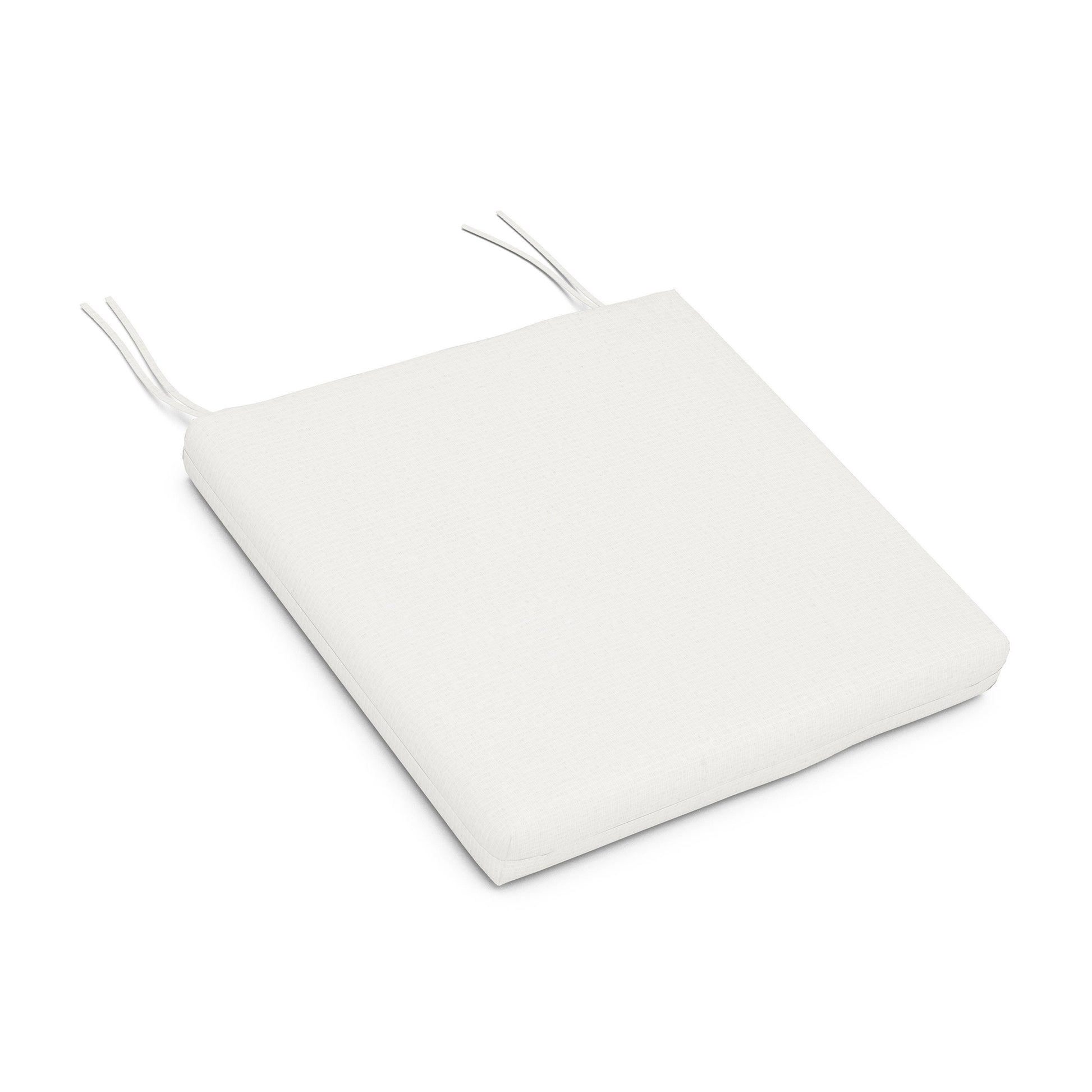 White weather-resistant square seat cushion with tie straps on one side.