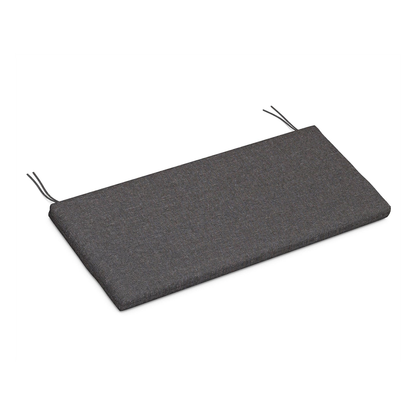 Rectangular dark gray weather-resistant seat cushion by POLYWOOD with ties for secure attachment to chair or bench.