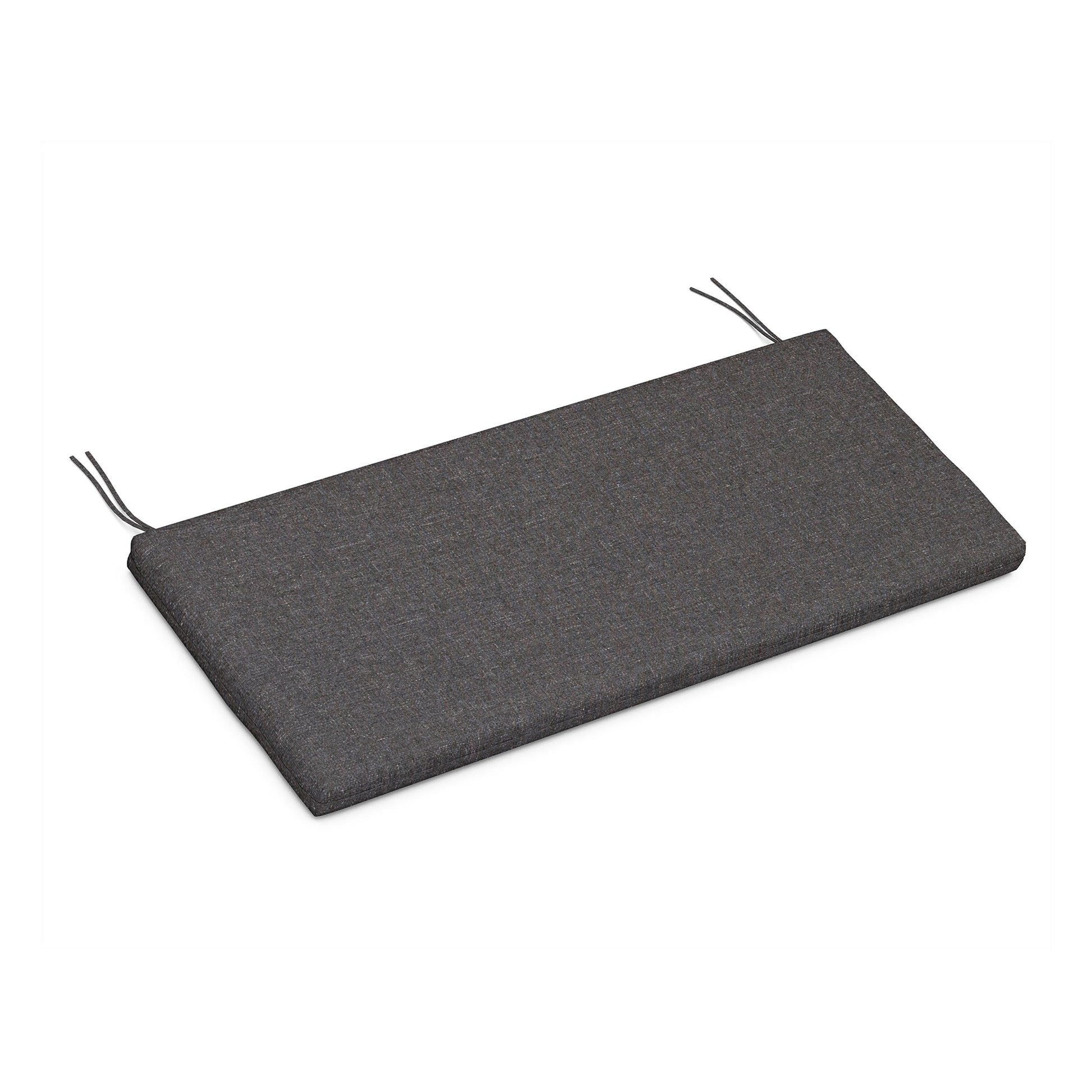 Rectangular dark gray weather-resistant seat cushion by POLYWOOD with ties for secure attachment to chair or bench.