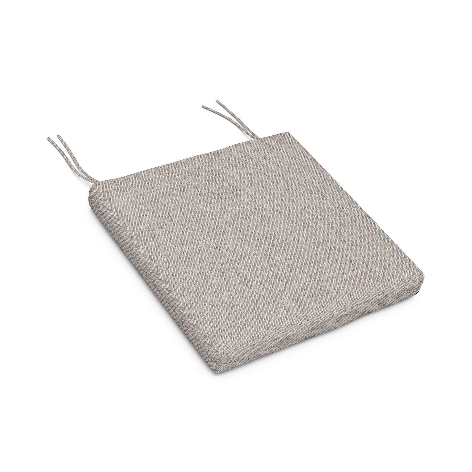 Gray weather-resistant seat cushion with ties, designed for Adirondack chairs.