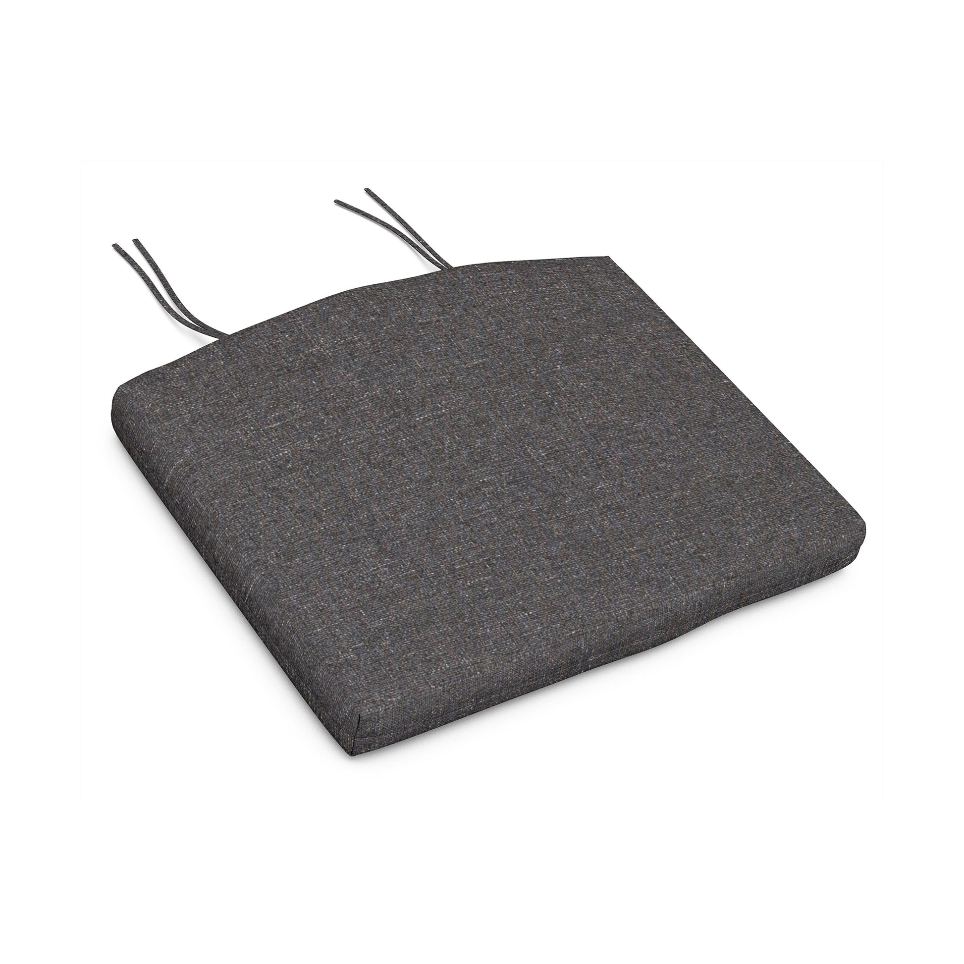 Weather-resistant gray cushion with textured surface and ties, designed for an Adirondack chair.