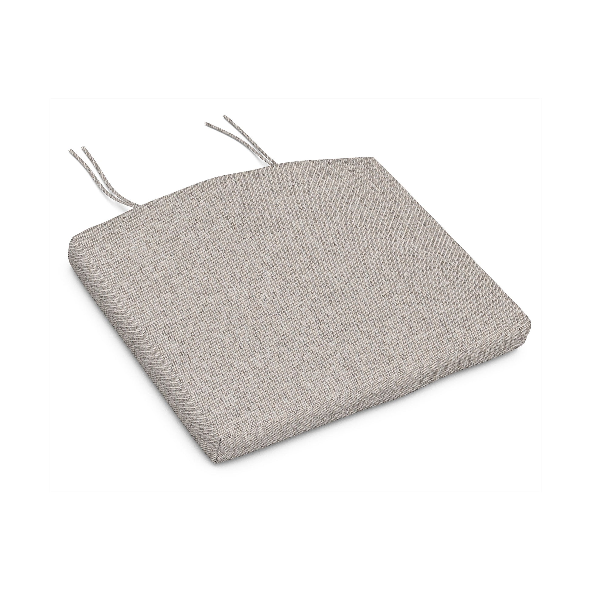 Square gray seat cushion for Adirondack chair, crafted from weather-resistant fabric, featuring two ties.