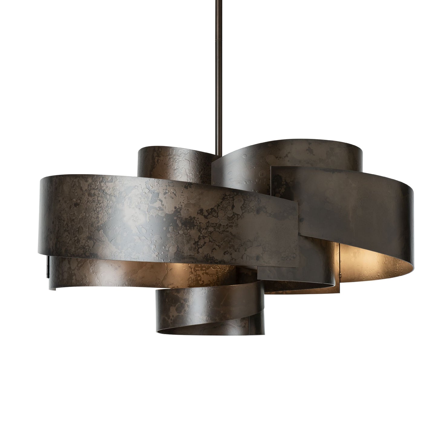 Zen Pendant by Hubbardton Forge with overlapping handcrafted metal bands, showcasing elegant American-made design.
