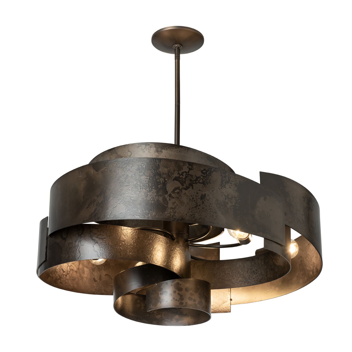 Zen Pendant light fixture with handcrafted, overlapping curved bands and exposed bulbs, showcasing modern American-made design by Hubbardton Forge.