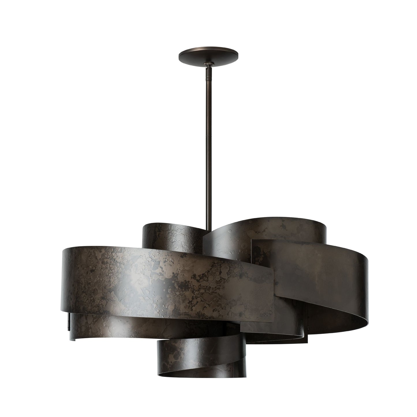 Zen Pendant light by Hubbardton Forge with wide, overlapping dark metallic ribbons in a modern, handcrafted style, showcasing artisan American-made lighting design.