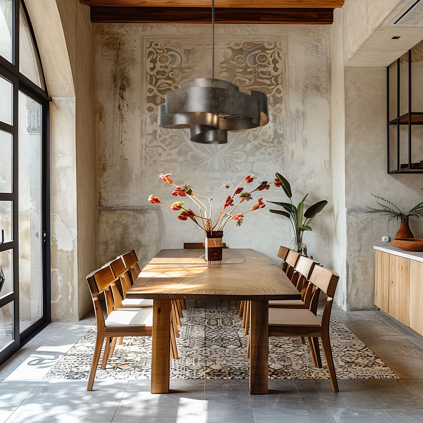 Solid wood dining table set for six with elegant craftsmanship, centerpiece of orange flowers, and stylish overhead pendant light.
