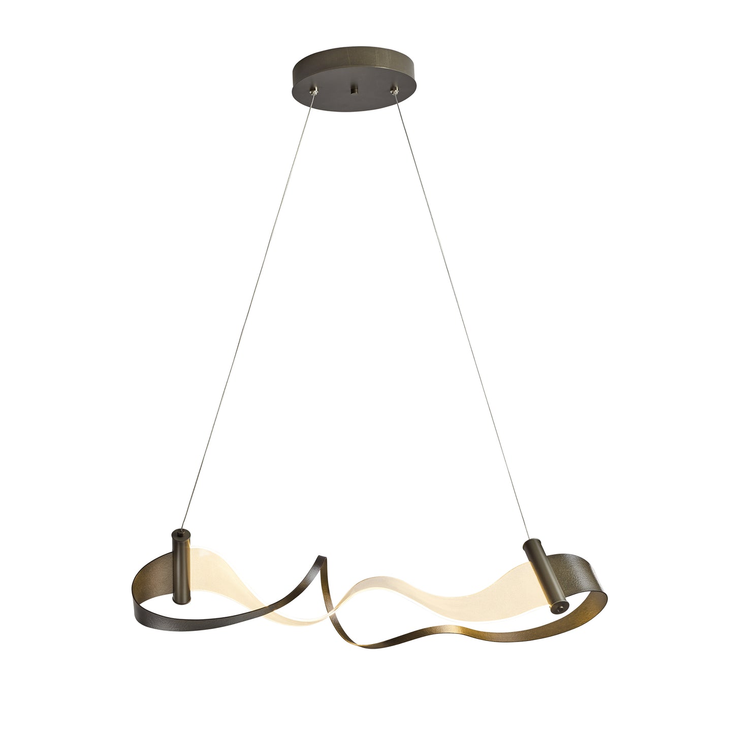 Hubbardton Forge Zephyr LED Pendant featuring a wavy design and hand-forged iron, suspended gracefully from two thin cables.