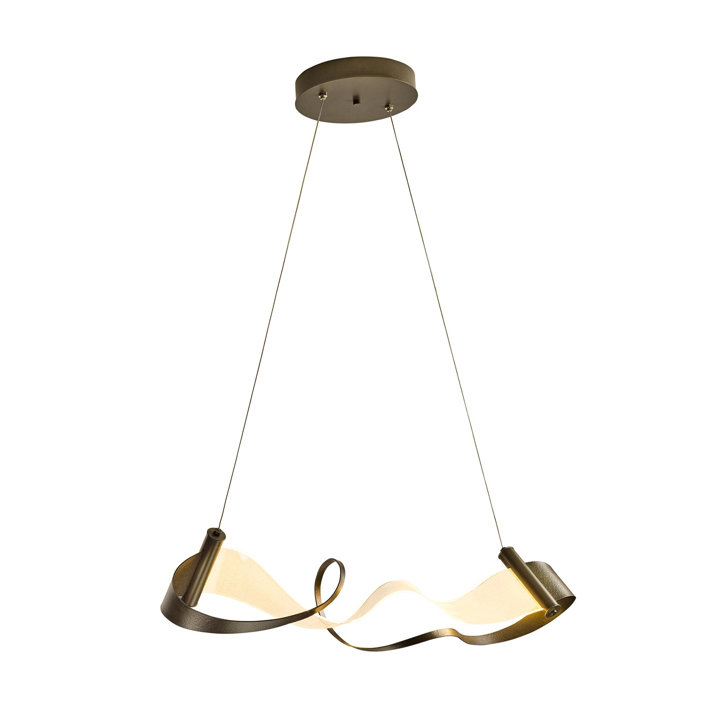 Zephyr LED Pendant by Hubbardton Forge showcasing a twisted ribbon-like metallic design suspended with precision, emphasizing its unique artistic allure.