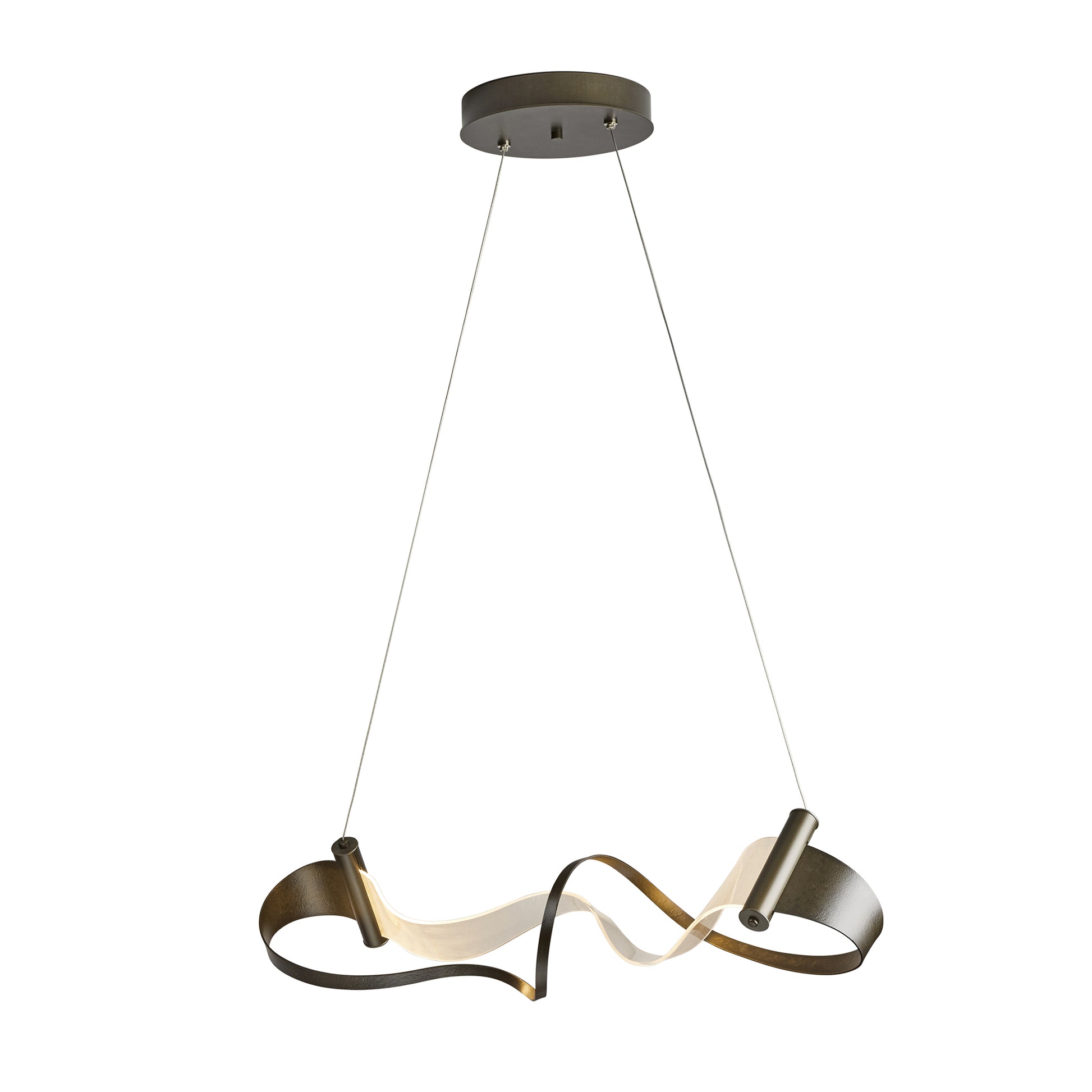 Modern Zephyr LED Pendant by Hubbardton Forge with a wavy ribbon design in hand-forged iron, suspended by slender cables from a sleek circular mount.