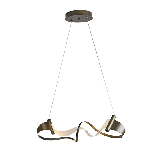Modern Zephyr LED Pendant by Hubbardton Forge with a wavy ribbon design in hand-forged iron, suspended by slender cables from a sleek circular mount.
