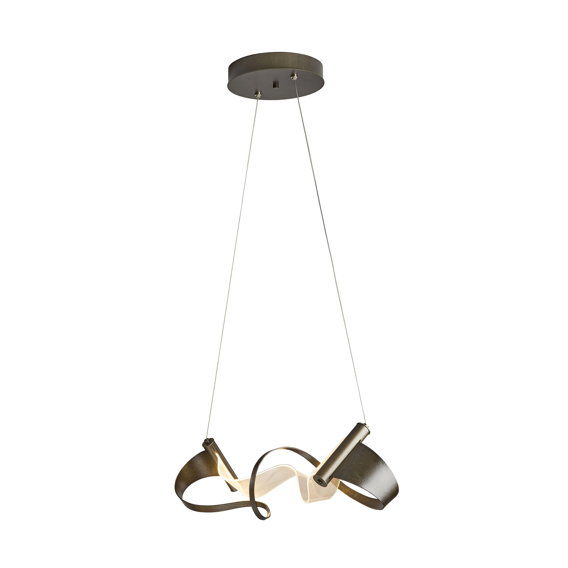 Zephyr LED Pendant by Hubbardton Forge with a sculptural twisted metal ribbon design, showcasing modern craftsmanship and elegant lighting.