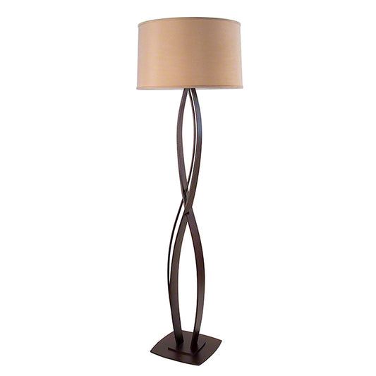Hubbardton Forge Almost Infinity Floor Lamp with a twisted artisan-forged base and beige drum shade, handcrafted in Vermont; discontinued finish on clearance.