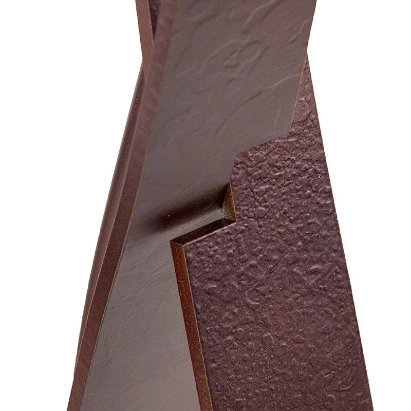 Hubbardton Forge Almost Infinity Floor Lamp with interlocked mahogany-finished metal plates, highlighting its modern, sculptural design.