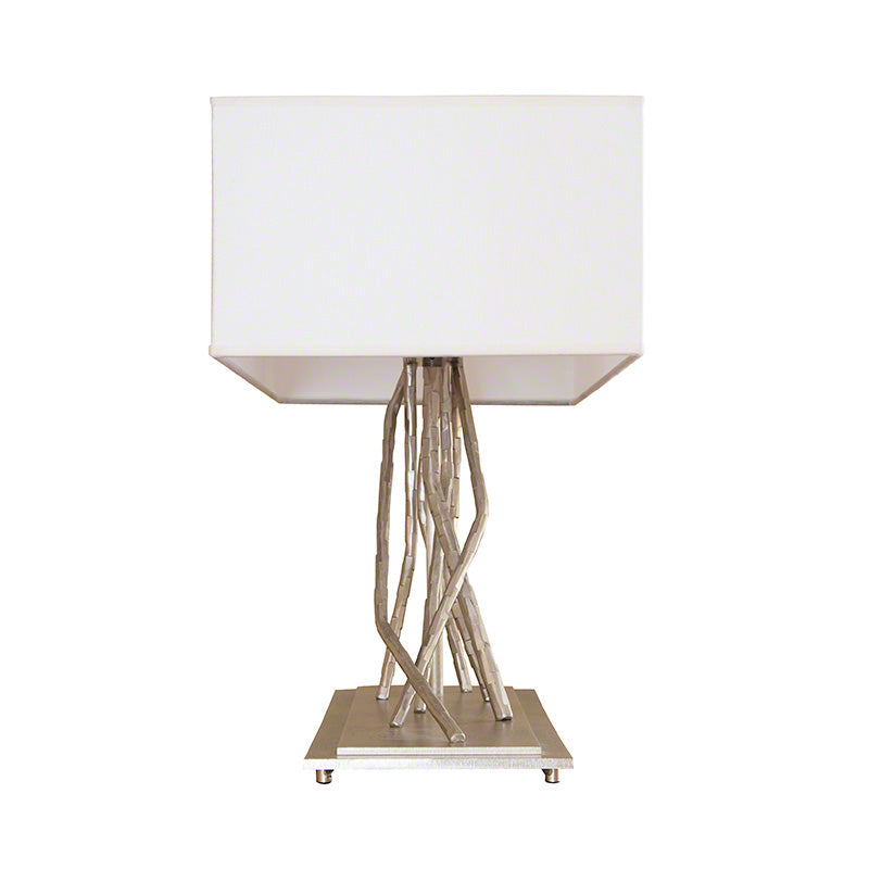 Brindille Table Lamp by Hubbardton Forge with square white shade and dark smoke branch rods, showcasing handcrafted American-made design.