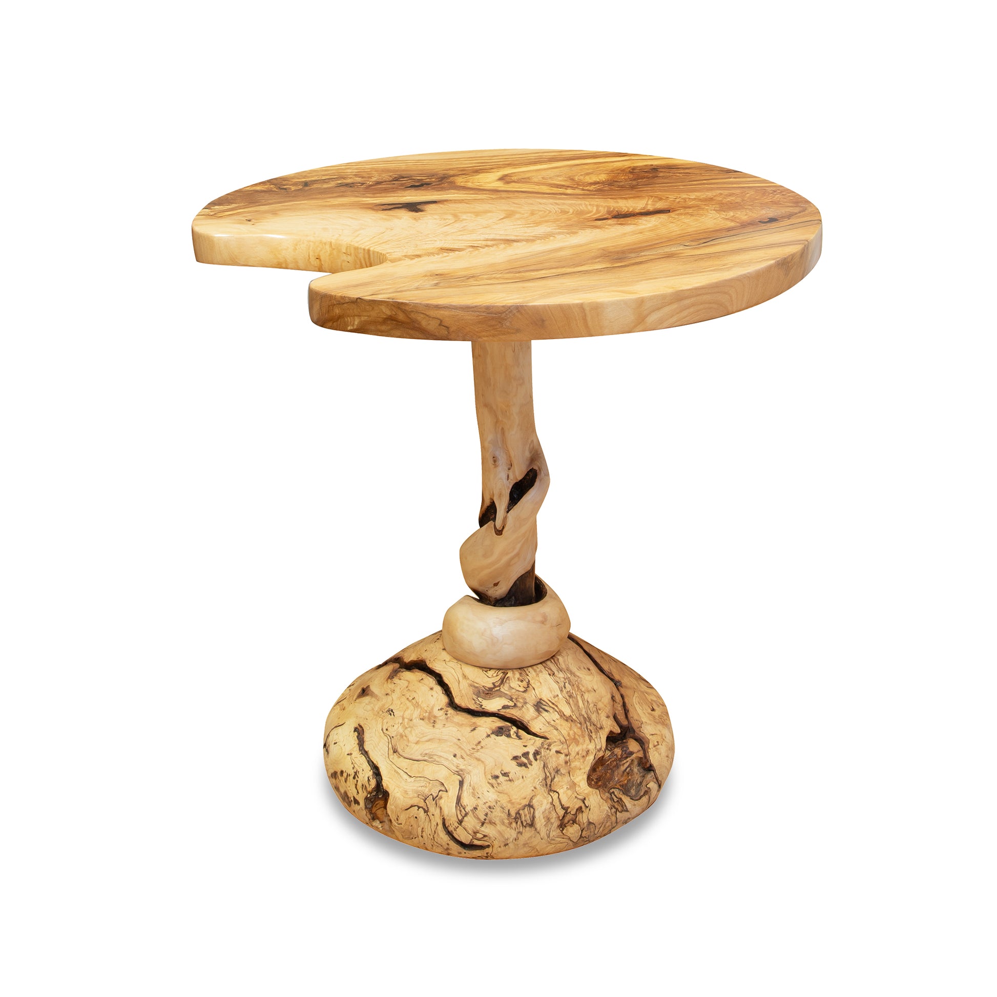 Creemee Artisan Table by David Holzapfel, featuring a round Vermont hardwood top and unique spiral pedestal in an organic, handcrafted design.