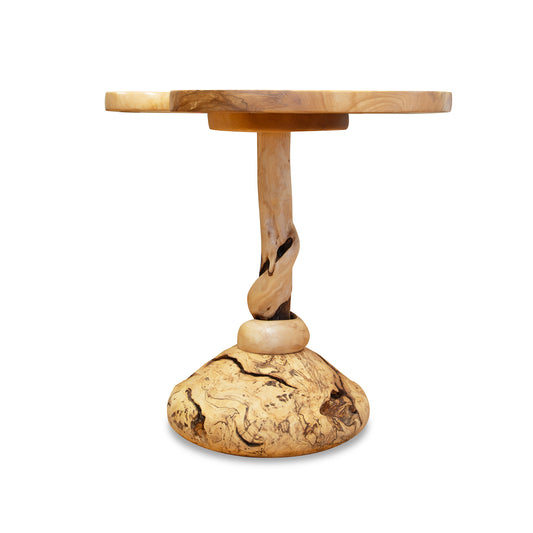 Creemee Artisan Table by David Holzapfel with a round wooden top, unique twisted support, and sculpted rounded base, showcasing handcrafted artistry.