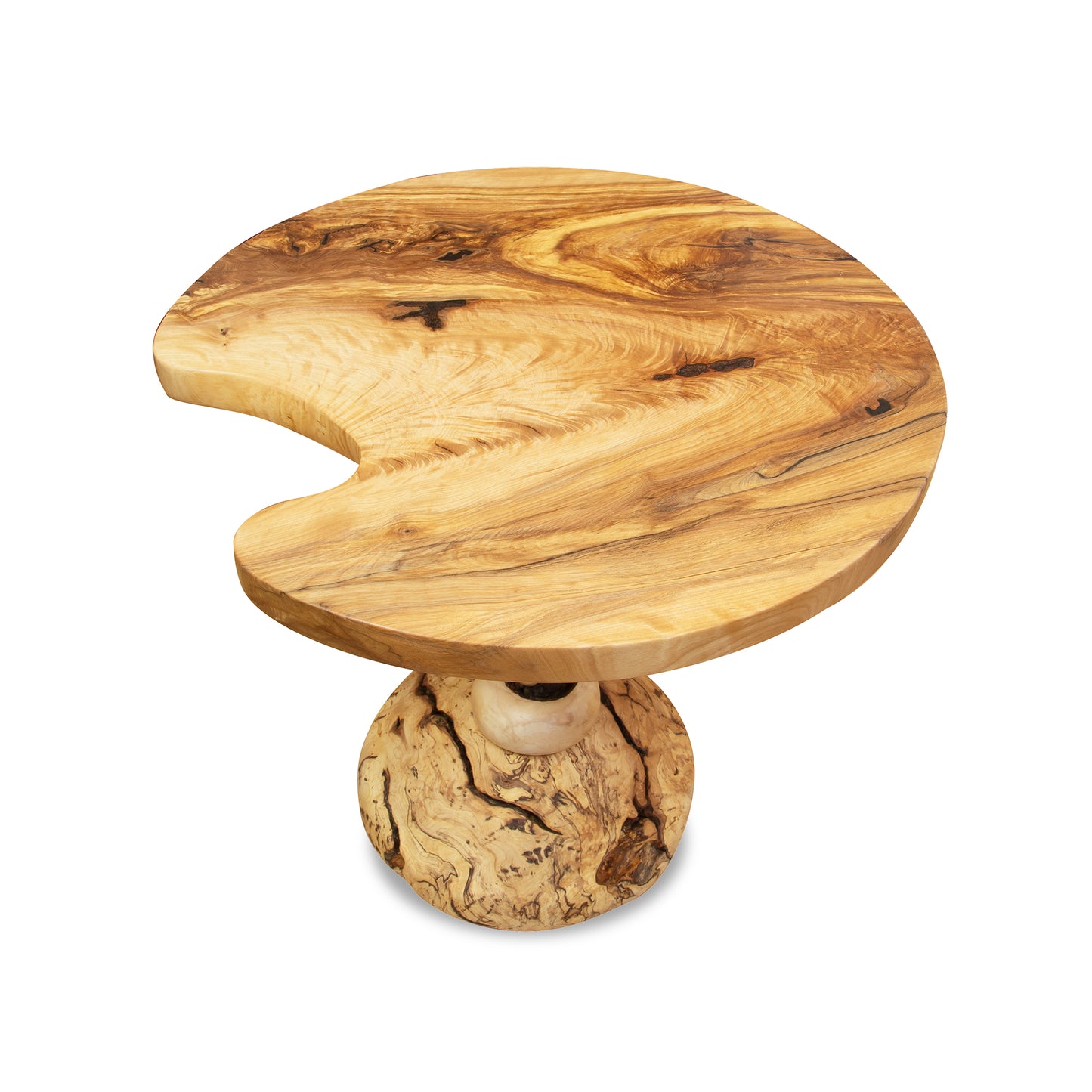 Creemee Artisan Table by David Holzapfel, featuring Vermont hardwood, a unique crescent cutout top, and a substantial round base.