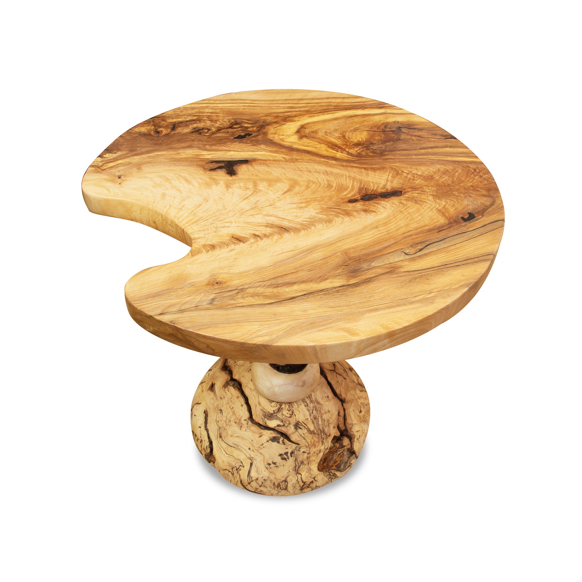 Creemee Artisan Table by David Holzapfel, featuring Vermont hardwood, a unique crescent cutout top, and a substantial round base.