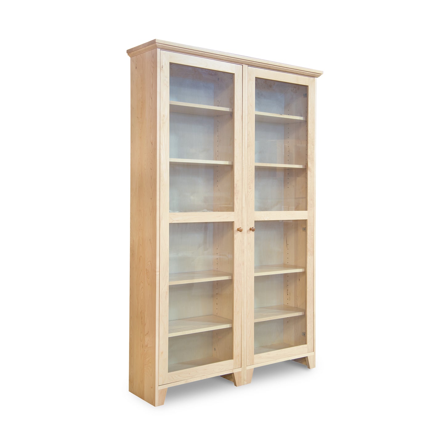 A large Lyndon Furniture Custom Shaker Wide Bookcase with Full Glass Doors crafted from sustainably harvested hardwoods, featuring several shelves enclosed by glass doors, set against a plain white background.