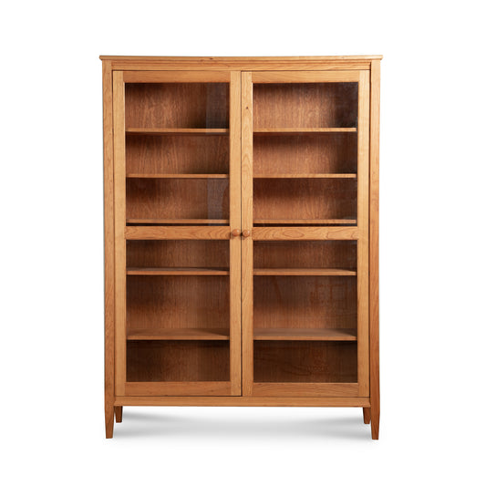 Custom Vermont Shaker Bookcase with Glass Doors by Maple Corner Woodworks, showcasing 5 spacious shelves and handcrafted wood details.