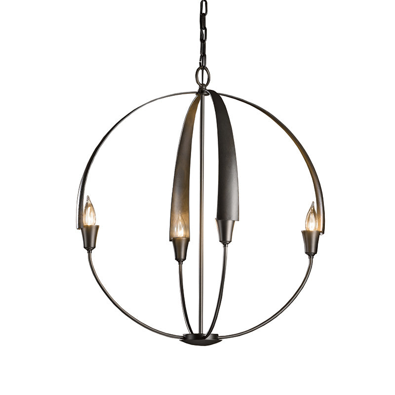 Cirque Small Chandelier by Hubbardton Forge with dark smoke finish, three candle-style bulbs, and elegant curved metal bands.