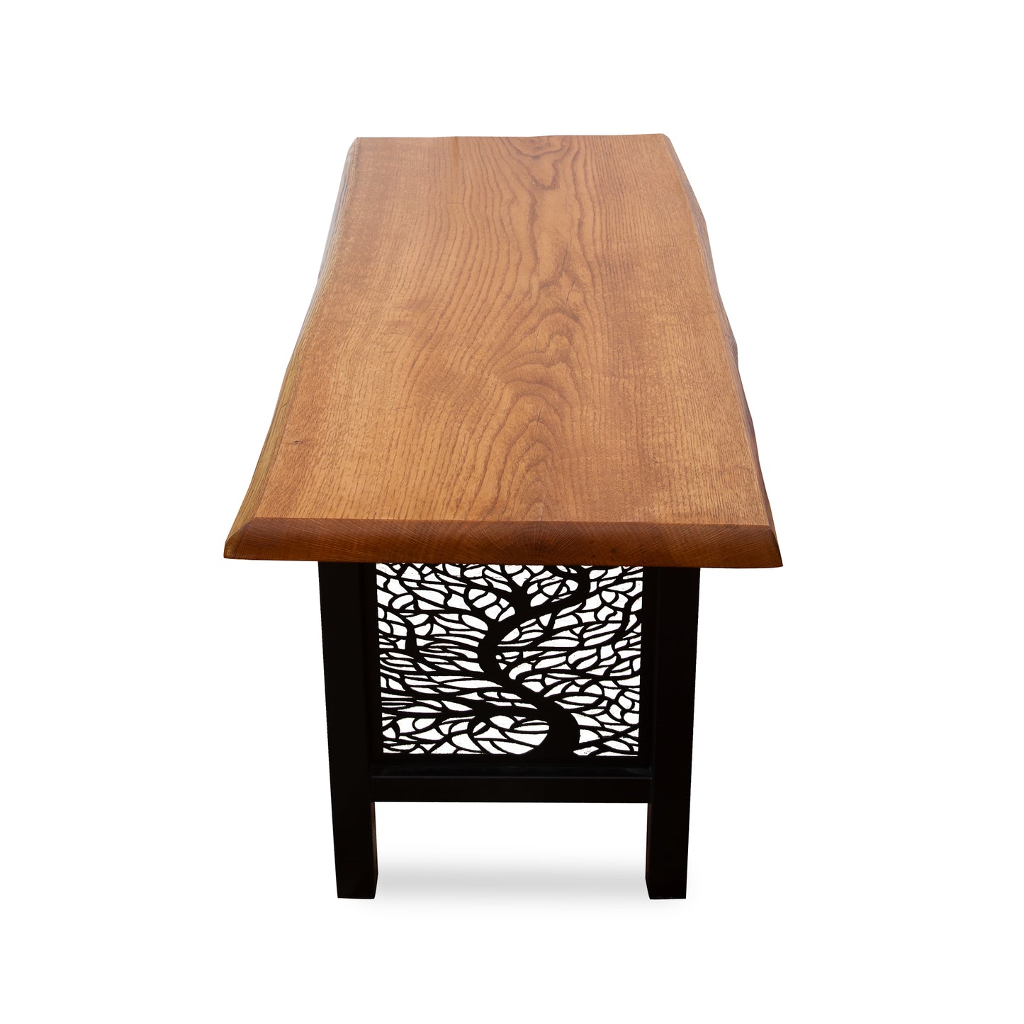Live-Edge Oak Artisan Bench by Mike Messer with natural finish and unique metal legs with tree-like cutout pattern.