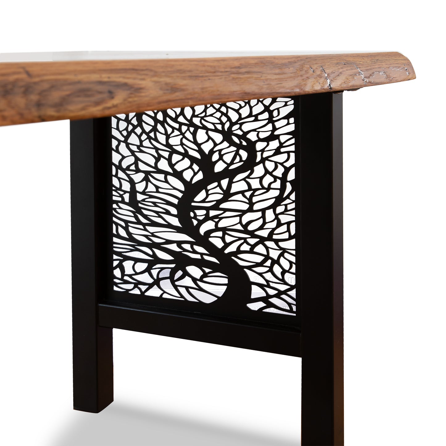 Live-Edge Oak Artisan Bench by Mike Messer with intricate tree design on black metal panel base.