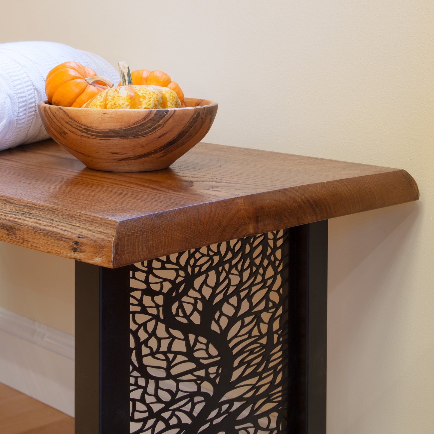 Mike Messer Live-Edge Oak Artisan Bench with a sturdy metal base, highlighting its natural wood grain and handcrafted quality.