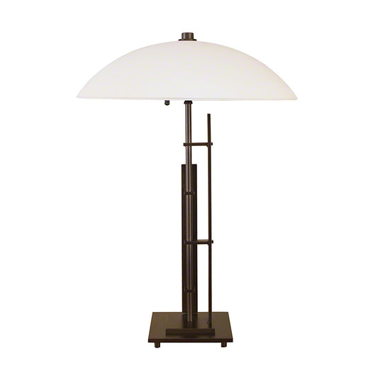 Metra Double Table Lamp by Hubbardton Forge with geometric modern black metal base in natural iron finish, showcasing American craftsmanship.