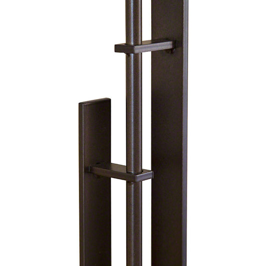 Hubbardton Forge Metra Double Table Lamp in natural iron finish with geometric metal accents, shown up close to highlight its modern craftsmanship and design.