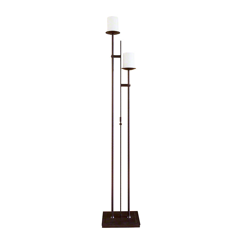 Hubbardton Forge Rook Twin Floor Lamp with two opal glass shades on offset dark metal rods and a square base, showcasing modern American craftsmanship.