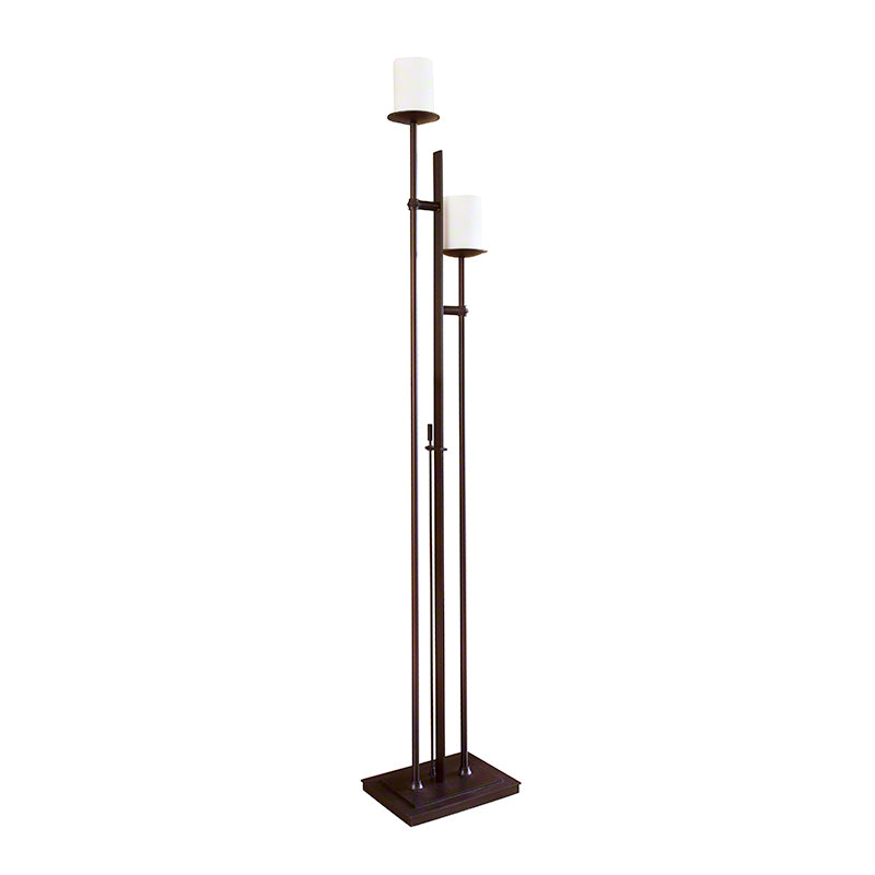 Hubbardton Forge Rook Twin Floor Lamp with two opal glass shades and a mahogany base, showcasing elegant modern design and fine craftsmanship.