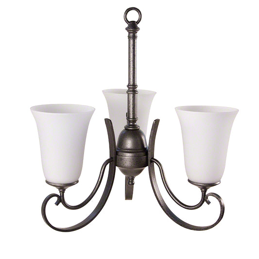 Hubbardton Forge Scroll Chandelier with three opal glass shades and elegantly curved natural iron arms, showcasing fine American craftsmanship.