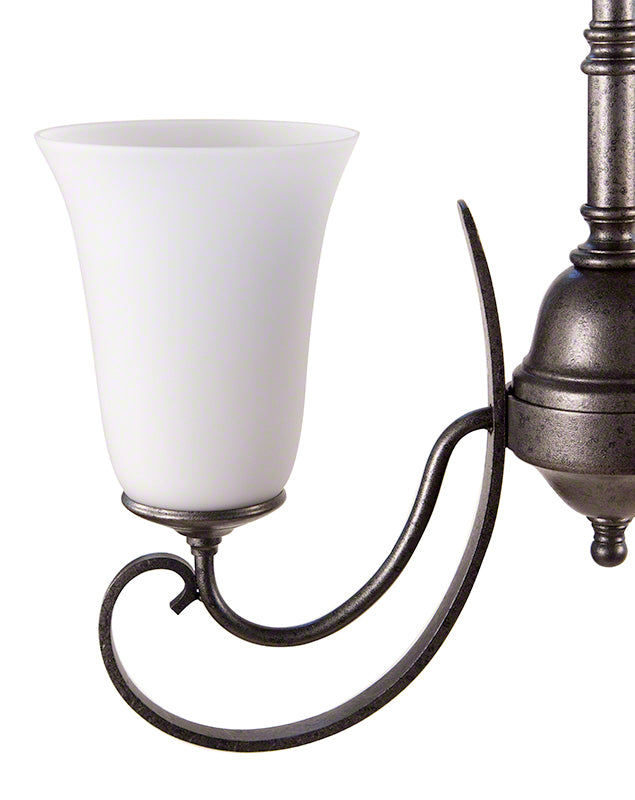 Hubbardton Forge Scroll Chandelier with curved metal design in natural iron and opal glass shade, shown on clearance.