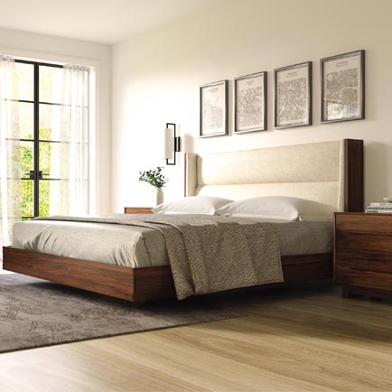 A modern bedroom with wooden floors and wooden furniture.