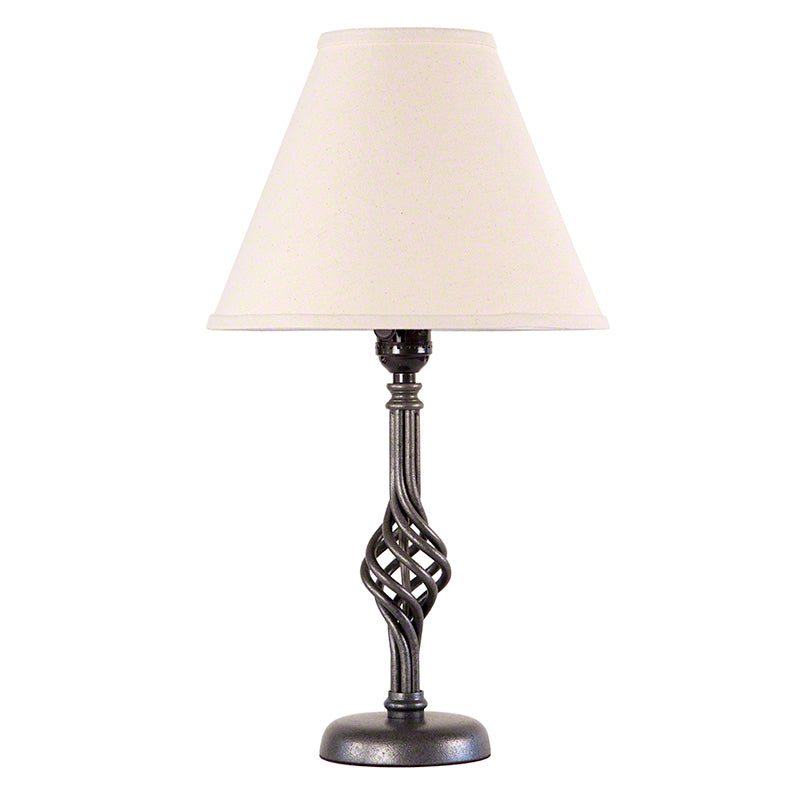Hubbardton Forge Small Twist Basket Table Lamp with a twisted dark metal base and beige shade, showcasing elegant handcrafted American design.