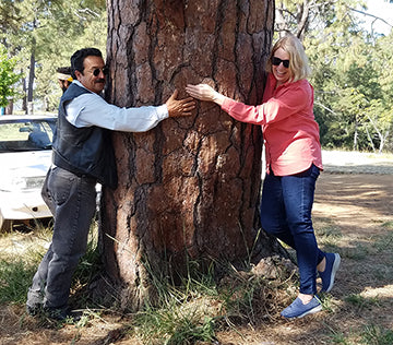 Two people hugging a tree.