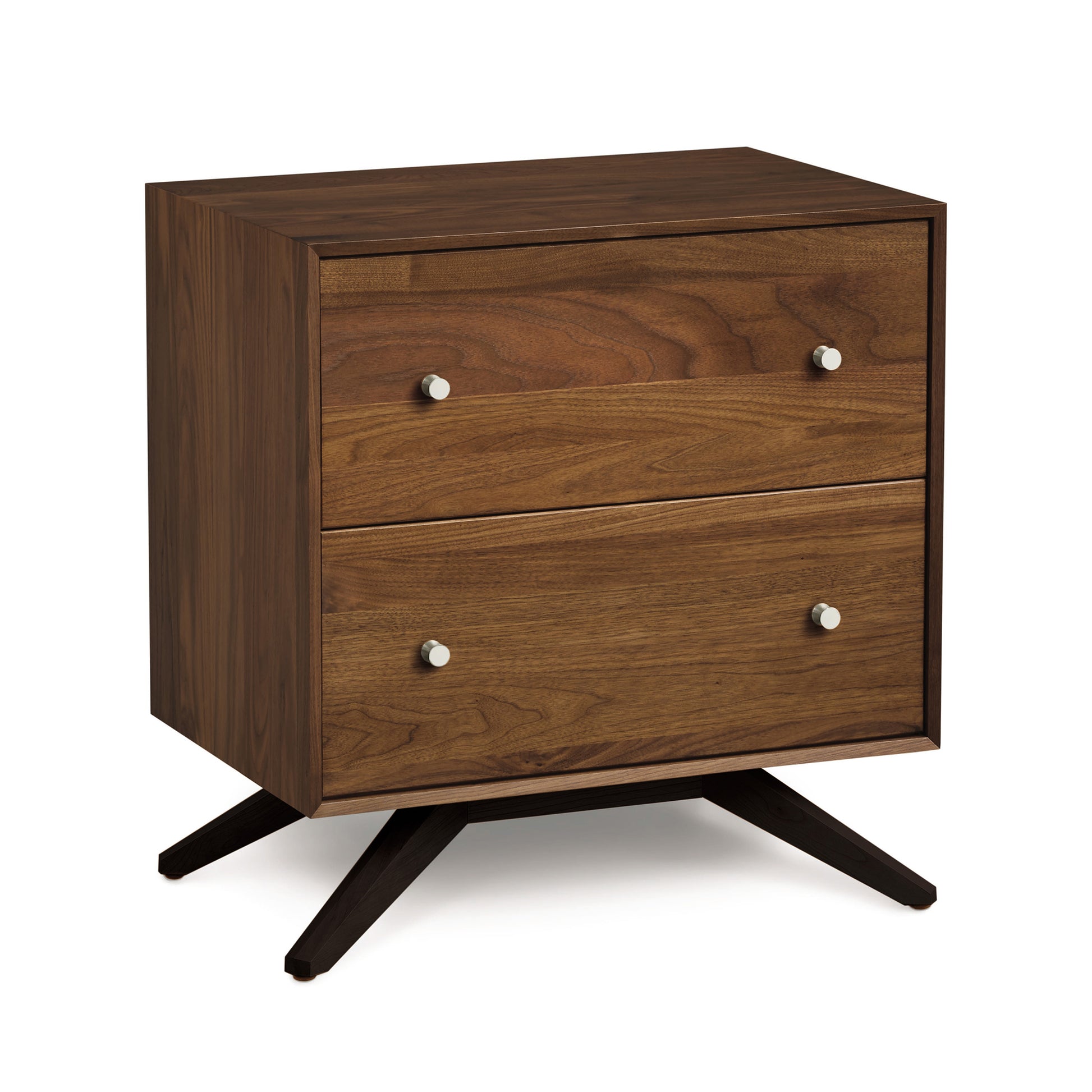 Astrid Walnut 2-Drawer Nightstand by Copeland Furniture showcasing modern design with sleek metal knobs and distinctive angled legs.