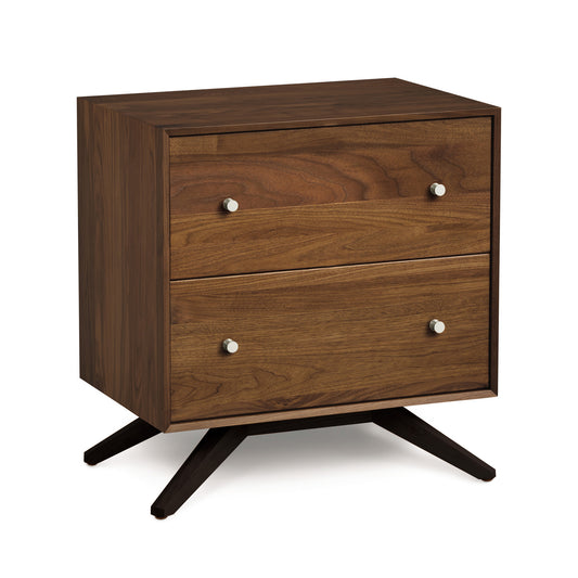 Astrid Walnut 2-Drawer Nightstand by Copeland Furniture showcasing modern design with sleek metal knobs and distinctive angled legs.